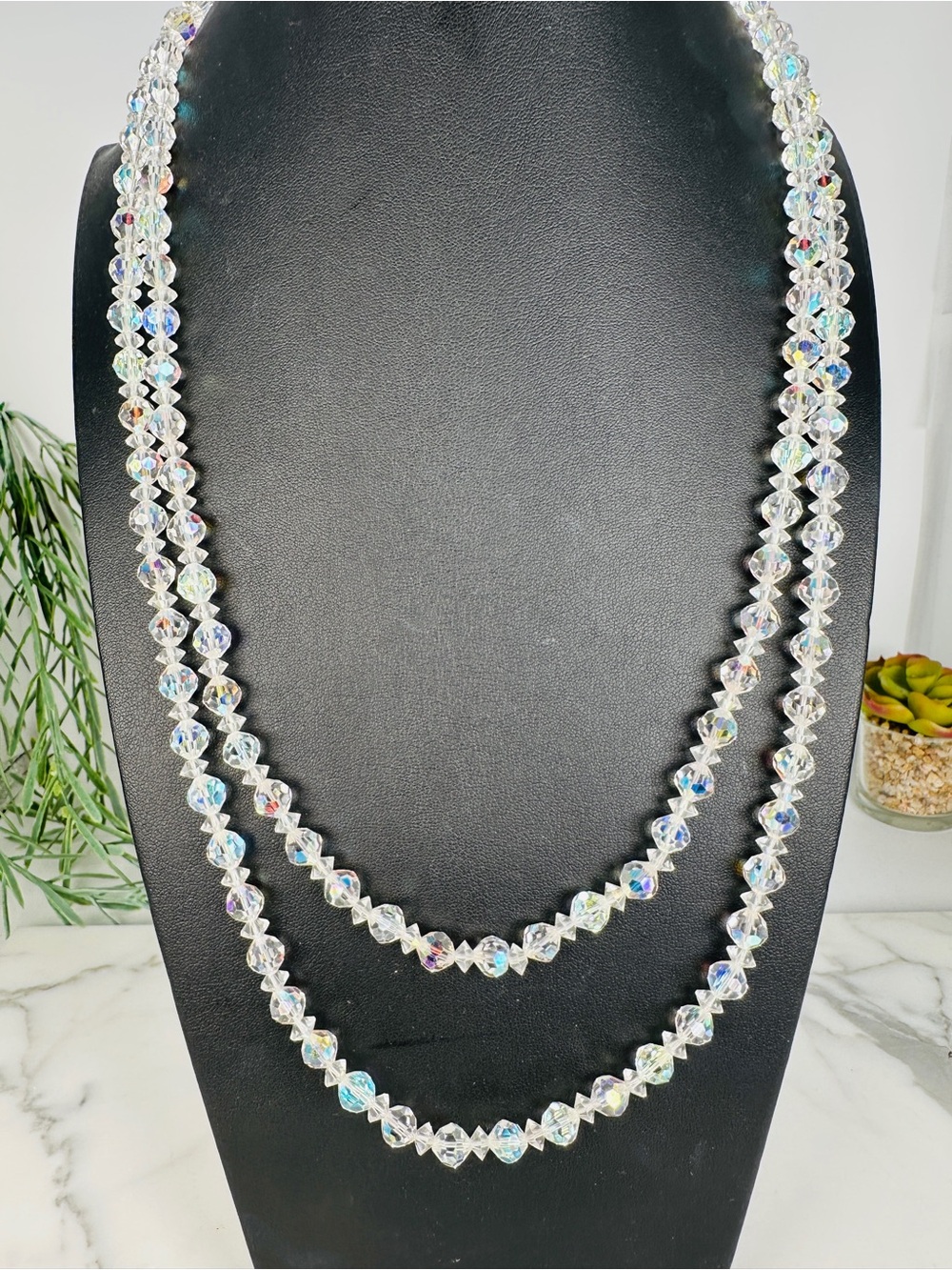 Vintage EXTRA LONG Faceted Crystal Necklace 54 Inches Aurora Borealis AB Flapper